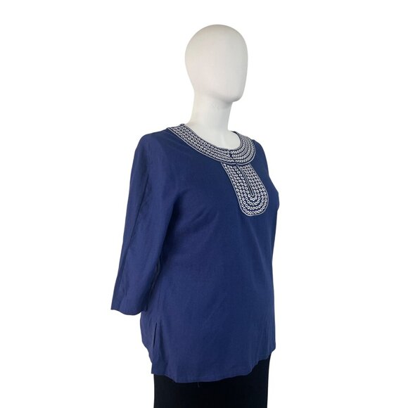 Carole Little Women’s Blue 3/4 Sleeve Top Embroidered Neckline Split Hem Sz 1X - Picture 2 of 9